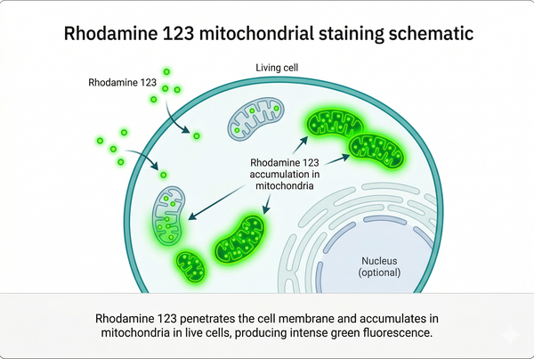 Cell diagram with green-fluorescing mitochondria.