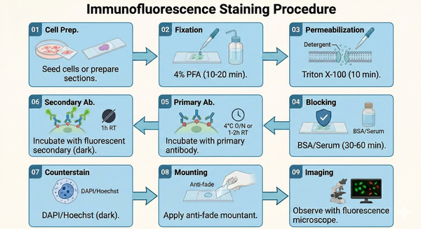 Nine-step immunofluorescence staining protocol flowchart.
