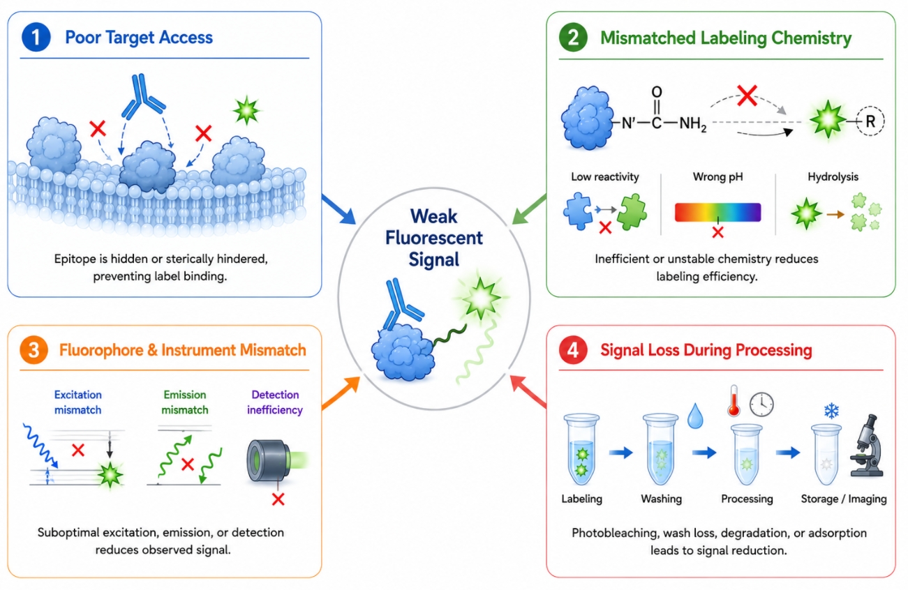 fluorescent labeling weak signal causes
