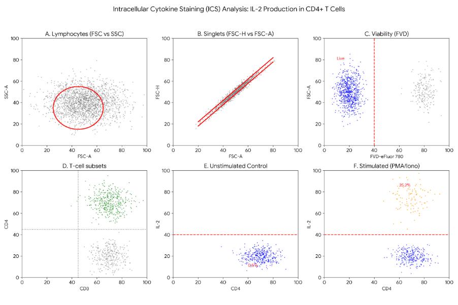 Flow cytometry plots showing T cell gating and IL-2 production.