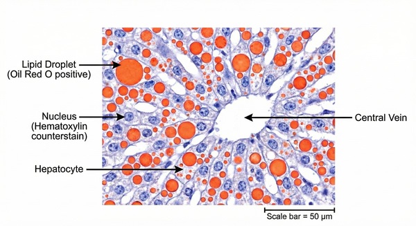 Oil Red O stained liver tissue section.