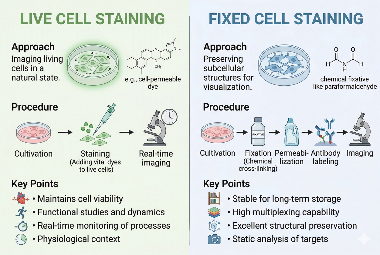 comparison of live cell staining and fixed cell staining strategies in fluorescence imaging