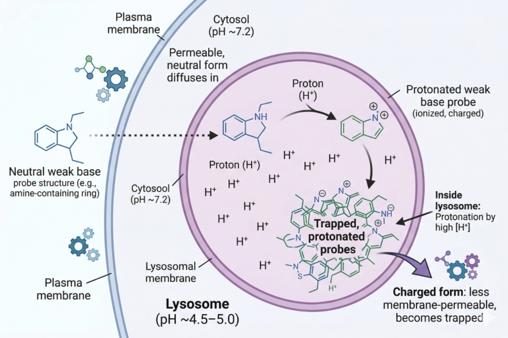mechanism of lysosome staining probes accumulating in acidic compartments in live cells