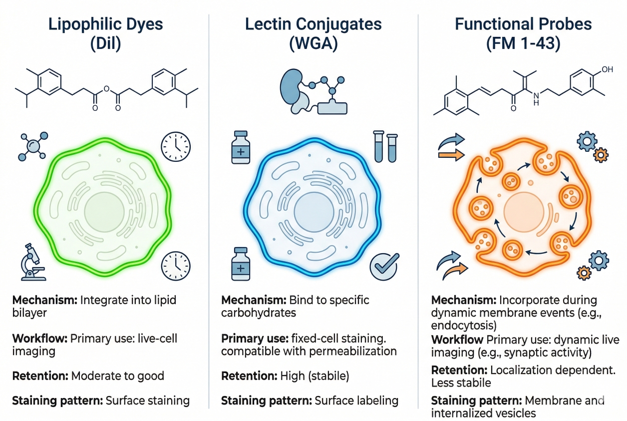 types of fluorescent dyes used for cell membrane staining