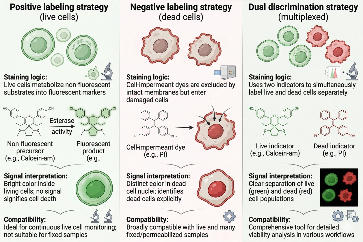 comparison of fluorescent methods used to distinguish live and dead cells