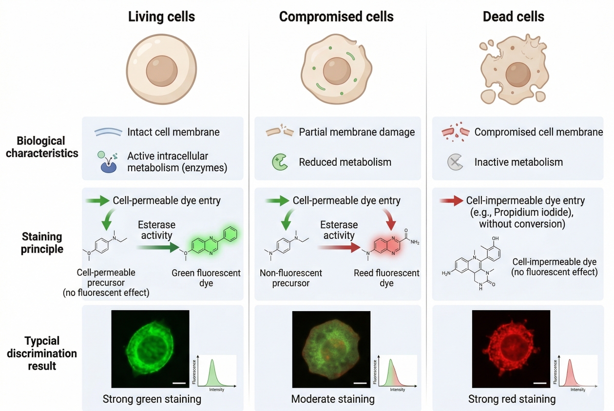 diagram showing the basic definition of cell viability staining and live dead cell discrimination