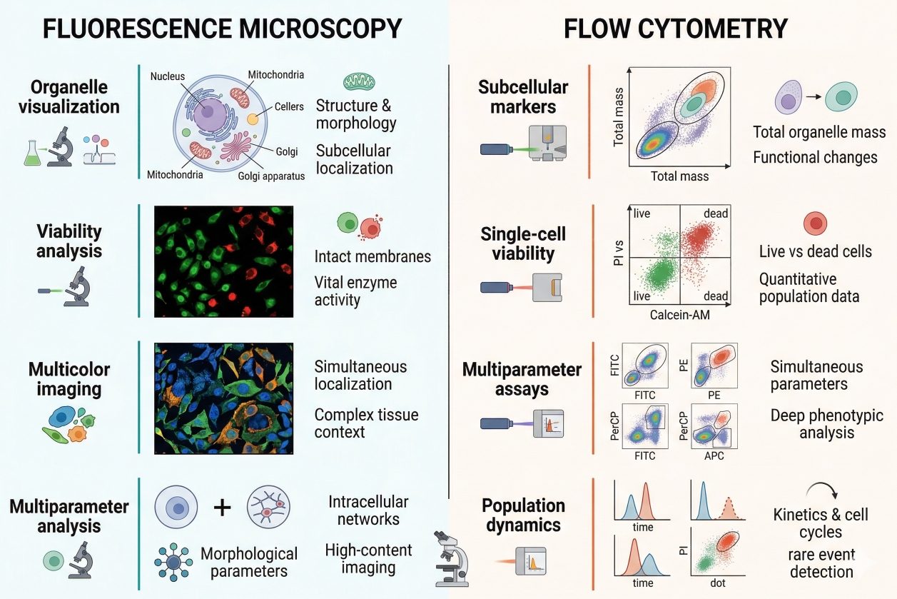 applications of cell staining in fluorescence microscopy flow cytometry organelle visualization viability analysis and multicolor assays