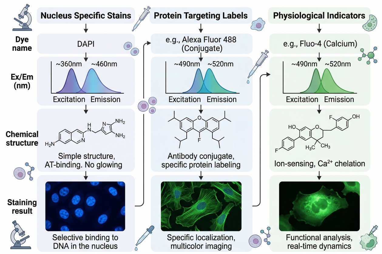 overview of fluorescent dyes used in cell analysis showing excitation emission and different cellular staining applications