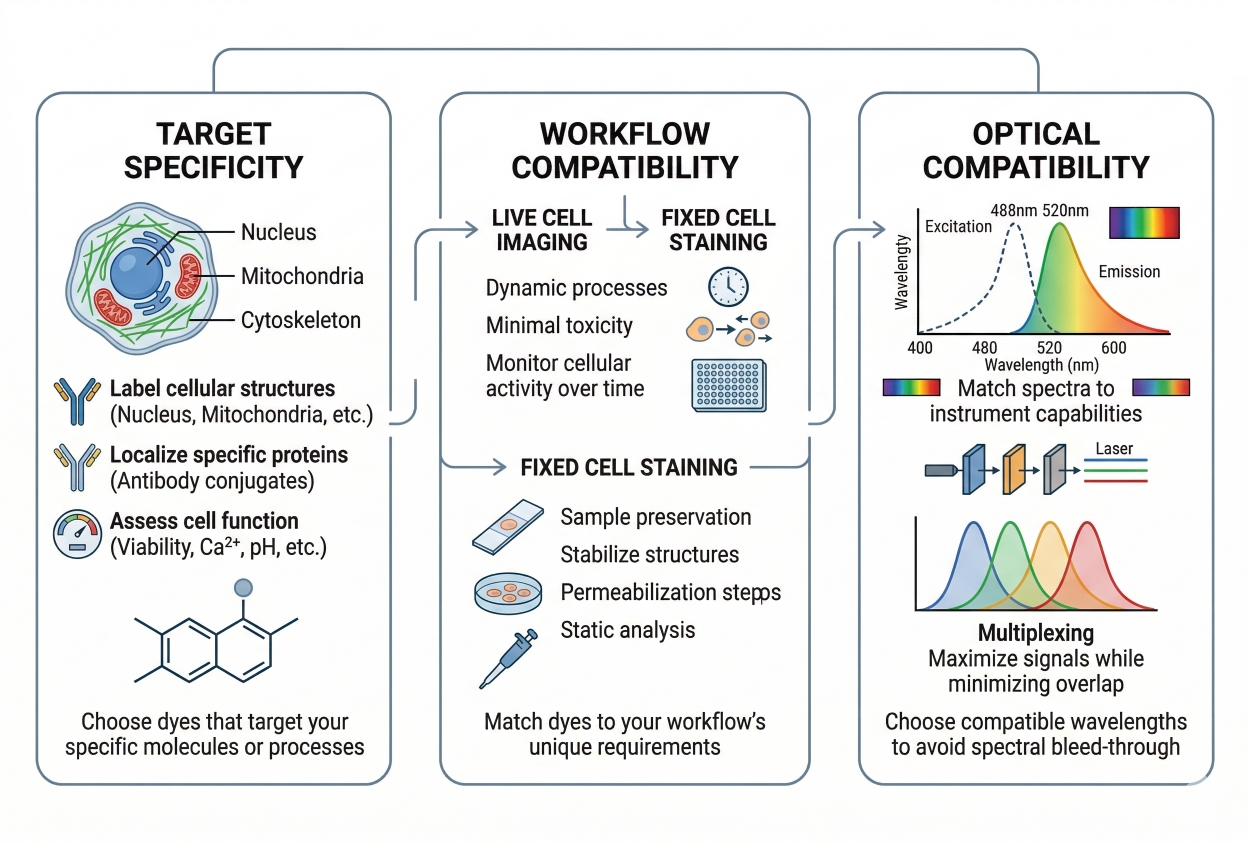 selection logic for choosing fluorescent dyes for cell staining based on target workflow and spectral compatibility