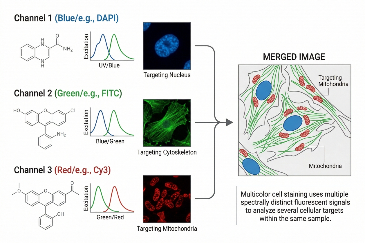 multicolor cell staining concept showing multiple fluorescent channels used to analyze different cellular targets in one sample