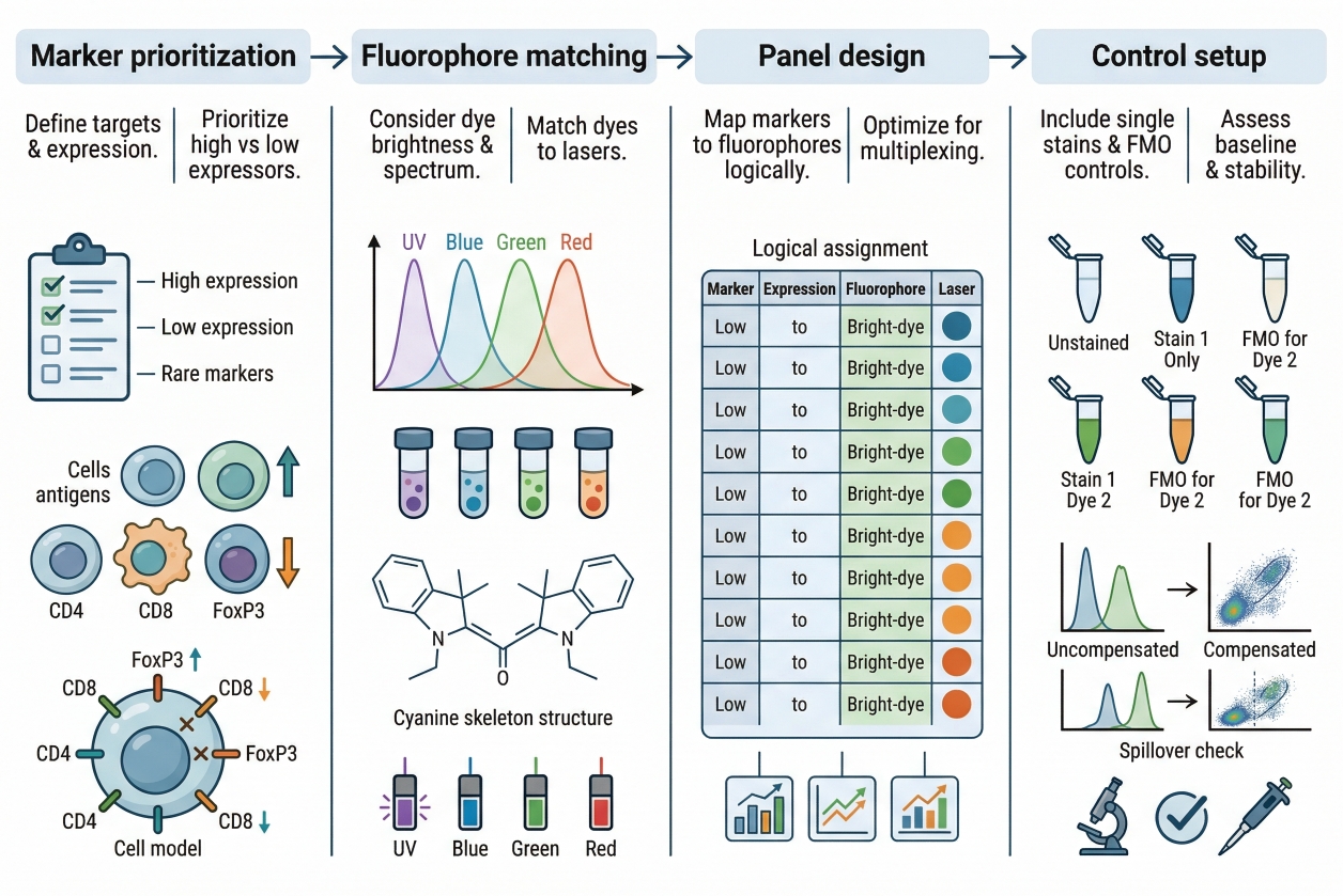 Workflow for multicolor staining panel design including marker prioritization fluorophore matching and control setup