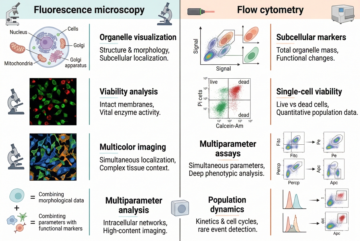 applications of cell staining in microscopy flow cytometry organelle visualization viability analysis and multicolor workflows
