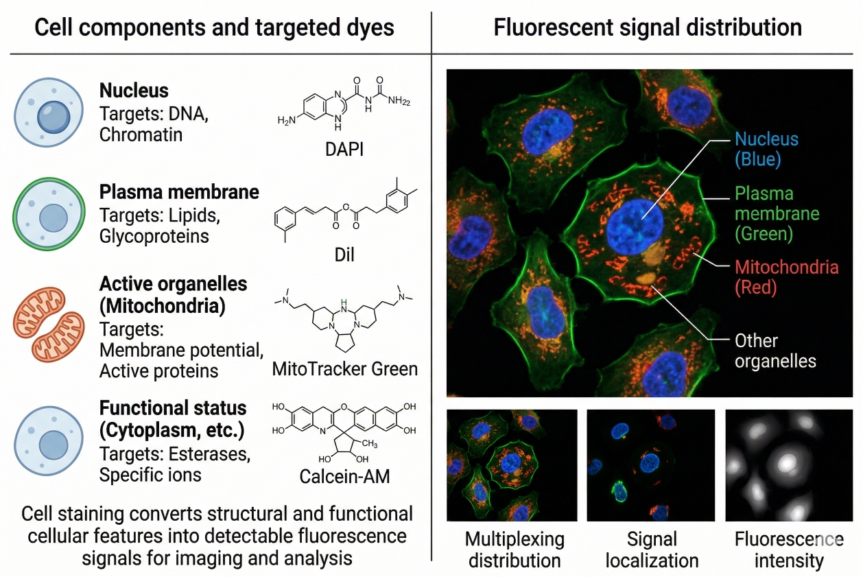 overview of cell staining showing nucleus membrane organelles and fluorescent signal distribution in cells