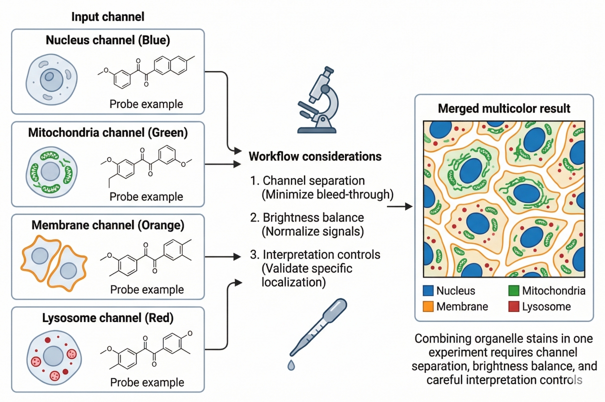 multicolor organelle staining panel design with nucleus mitochondria membrane and lysosome channels
