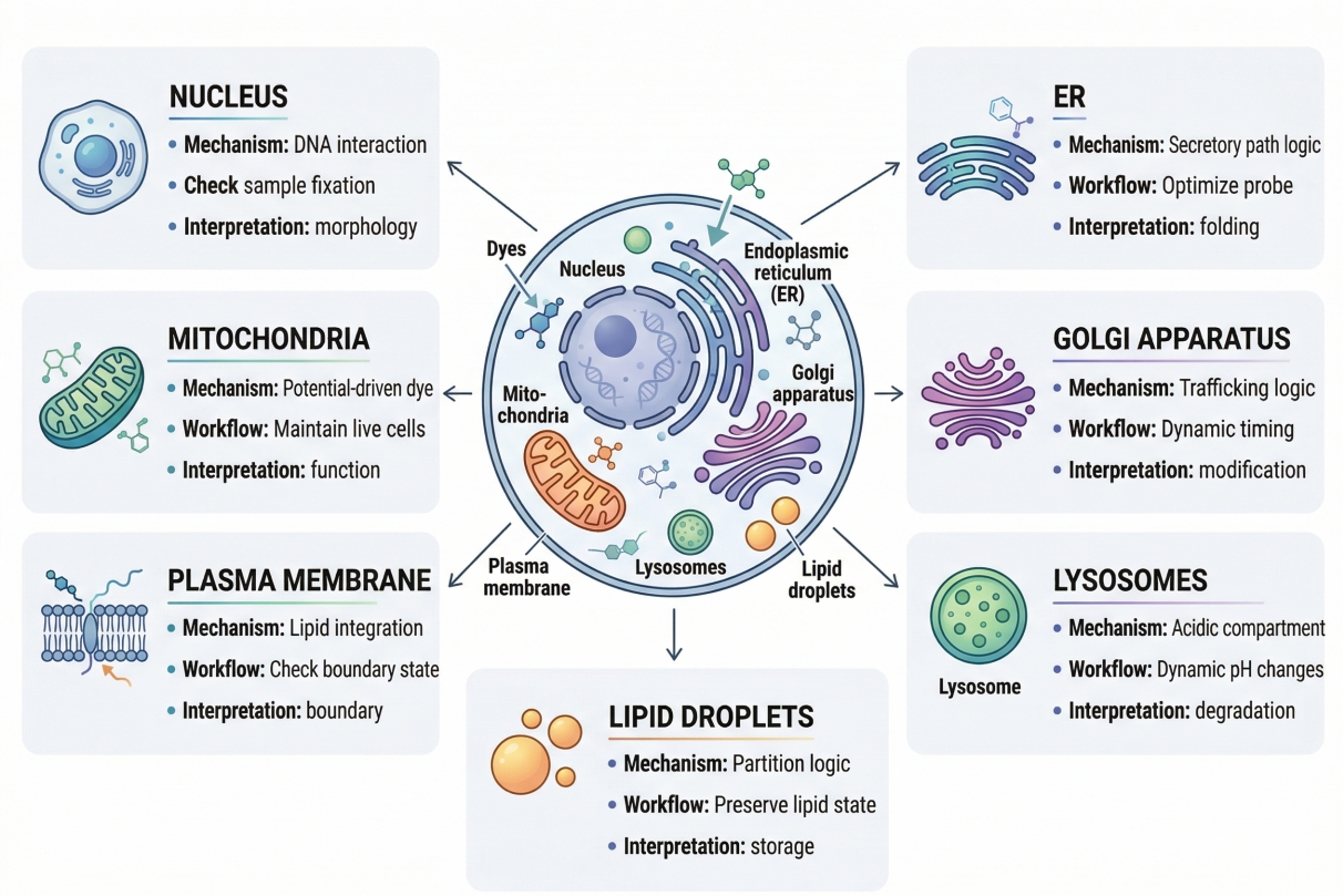 overview of organelle-specific cell staining targets including nucleus mitochondria membrane lysosomes er golgi and lipid-rich structures