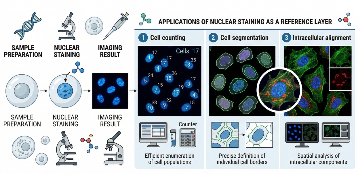 overview of nuclear staining in cells showing fluorescent nuclei as a reference layer for cell imaging