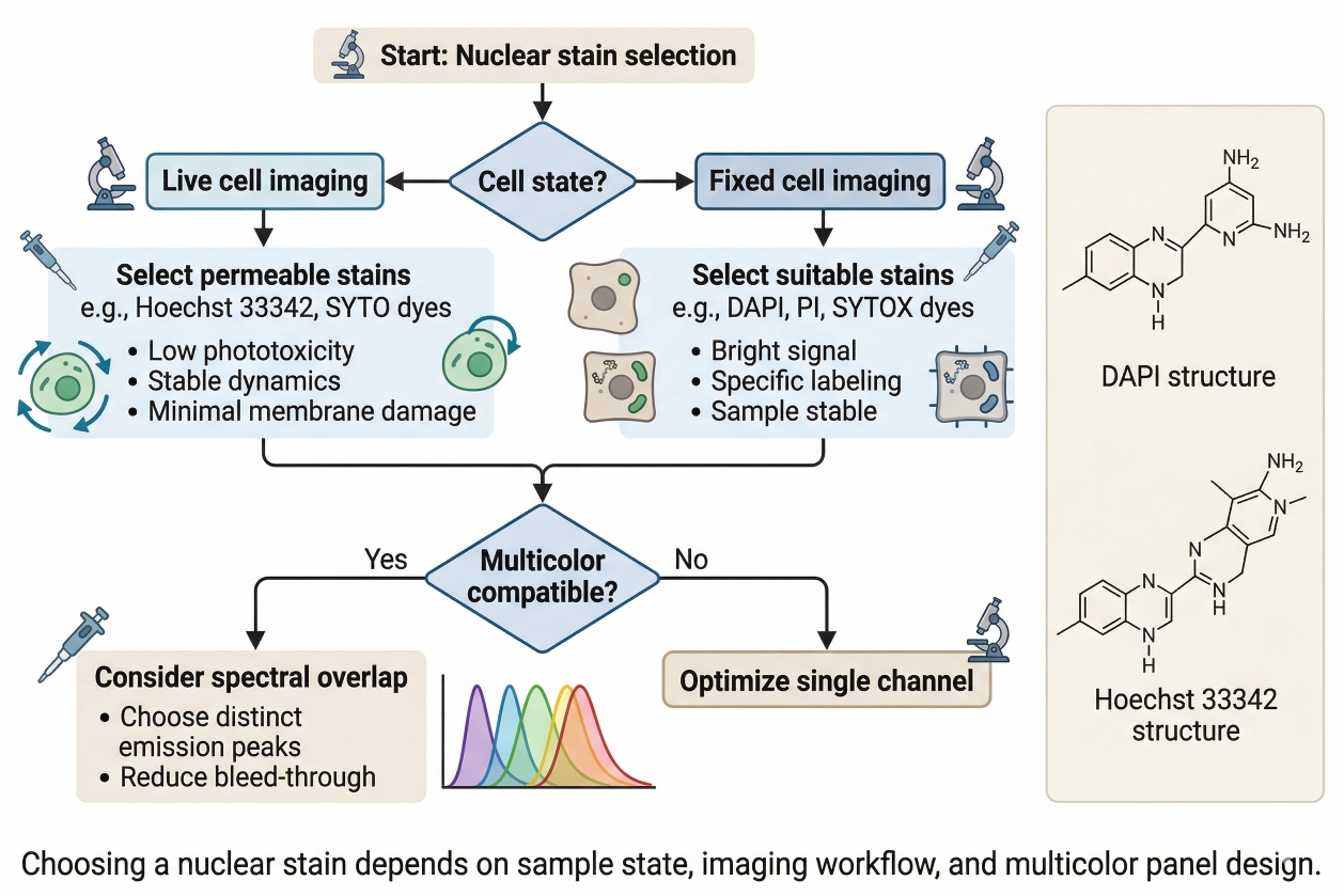 workflow for choosing the right nuclear stain for live cell fixed cell and multicolor imaging experiments