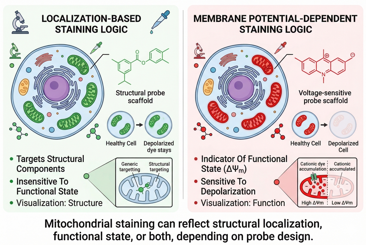 overview of mitochondrial staining principles showing localization-based and membrane-potential-dependent staining logic